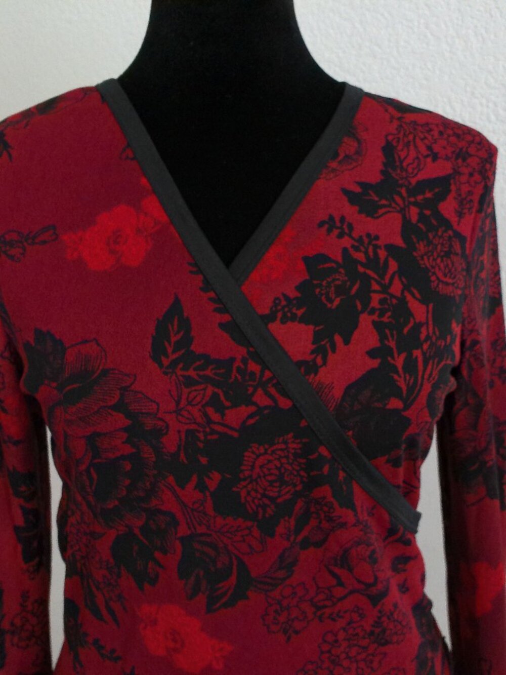 Joe Boxer, red and black floral v-neck,  long sleeve blouse